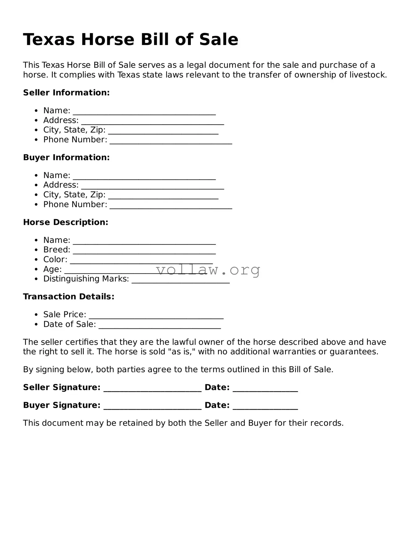 Attorney-Verified  Horse Bill of Sale Form for Texas