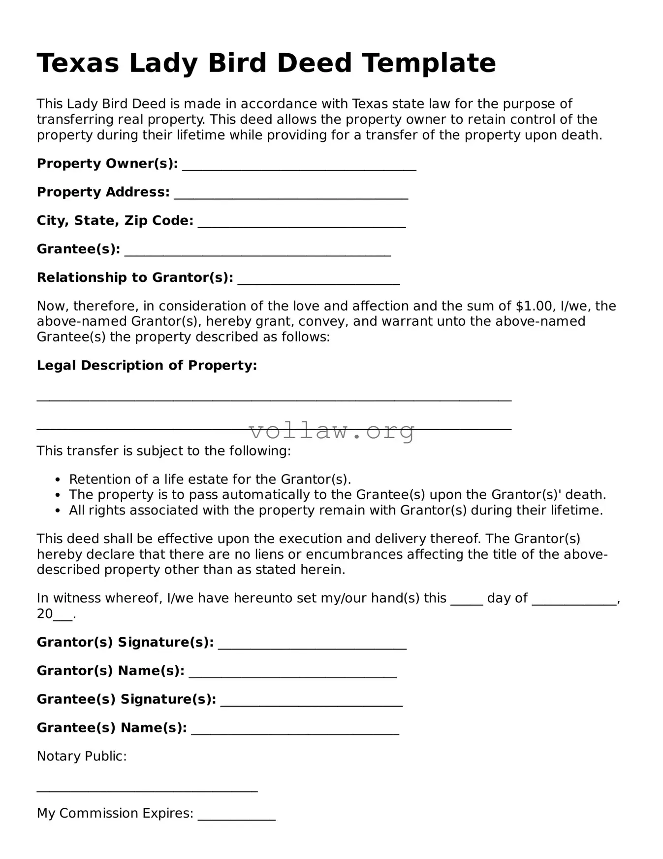 Attorney-Verified  Lady Bird Deed Form for Texas