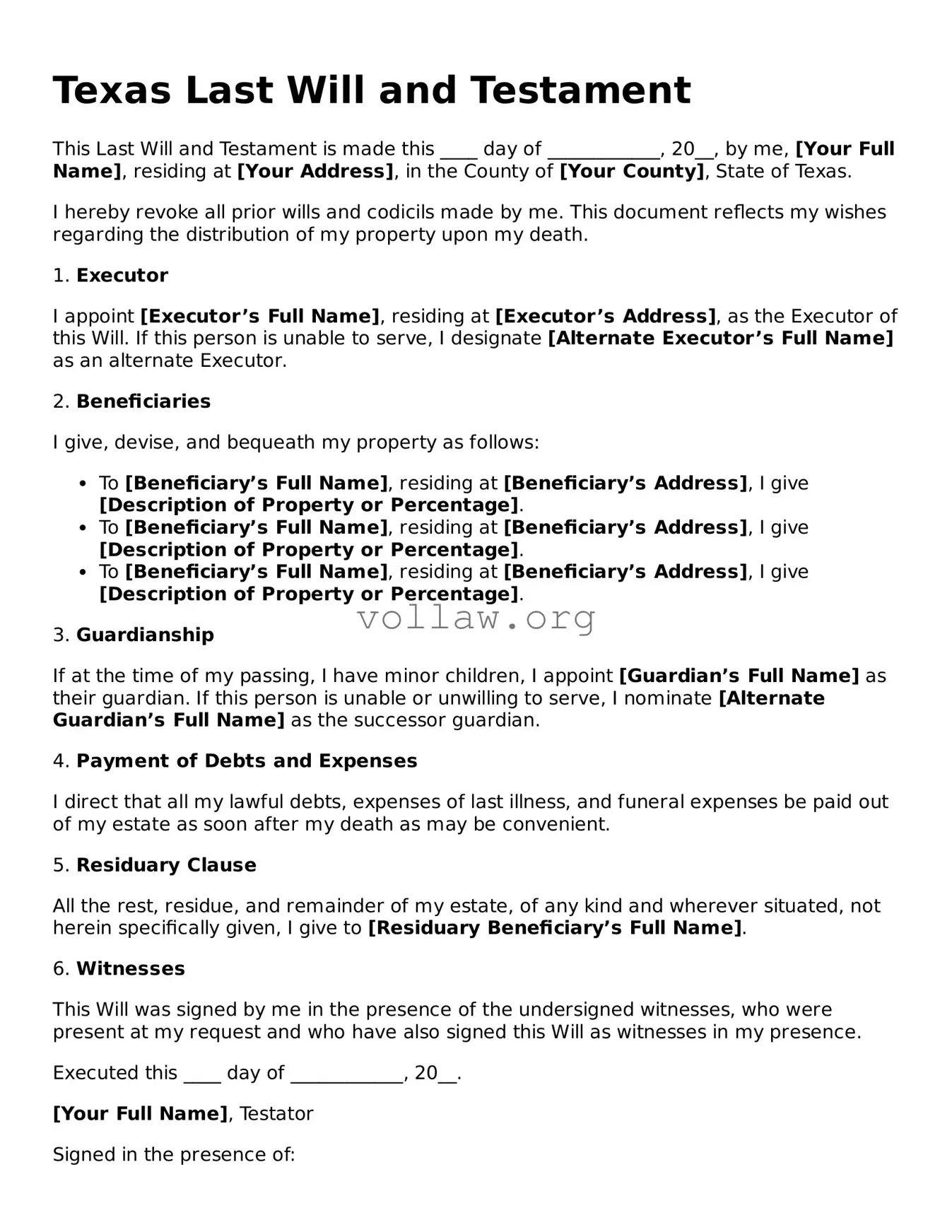 Attorney-Verified  Last Will and Testament Form for Texas