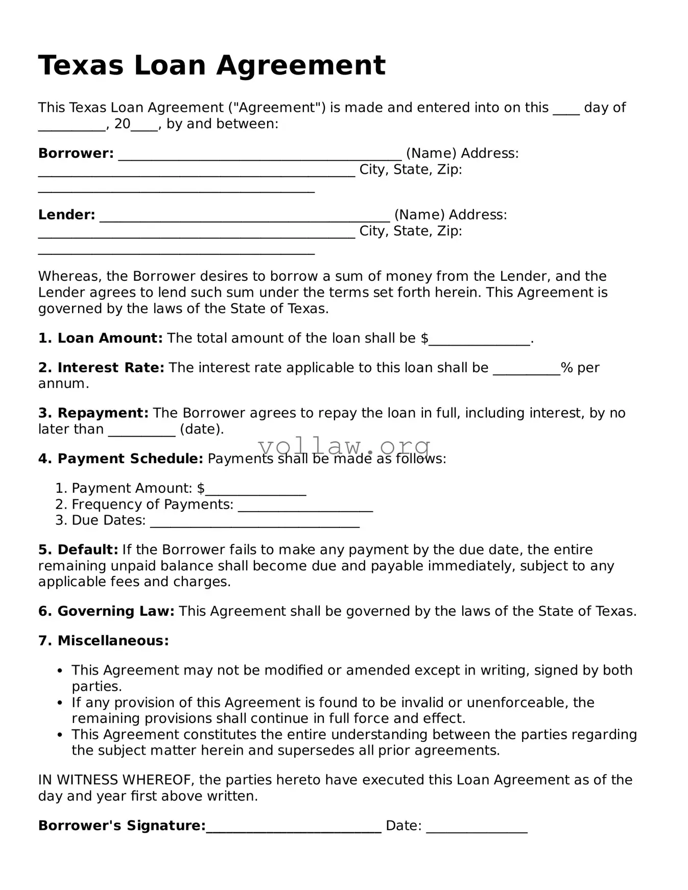 Attorney-Verified  Loan Agreement Form for Texas
