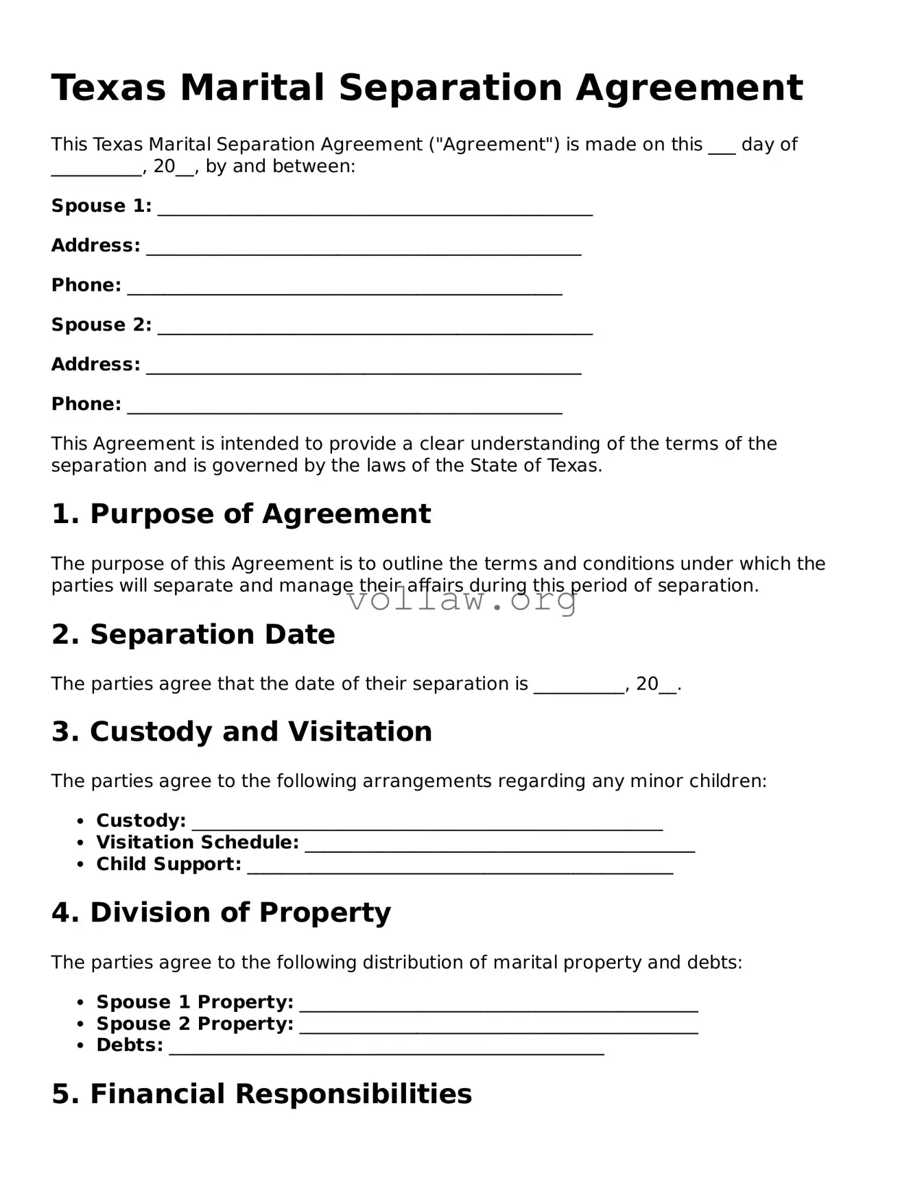 Attorney-Verified  Marital Separation Agreement Form for Texas