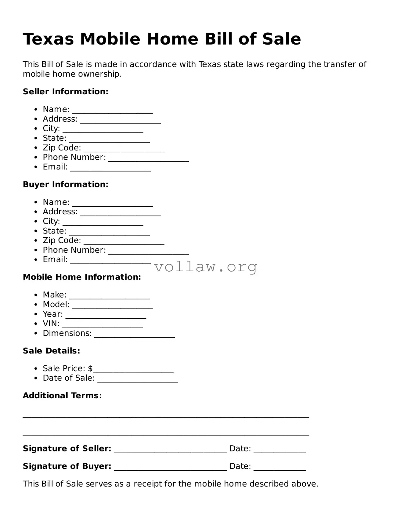 Attorney-Verified  Mobile Home Bill of Sale Form for Texas