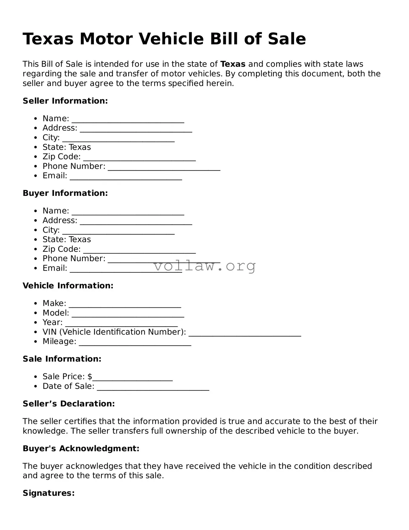 Attorney-Verified  Motor Vehicle Bill of Sale Form for Texas