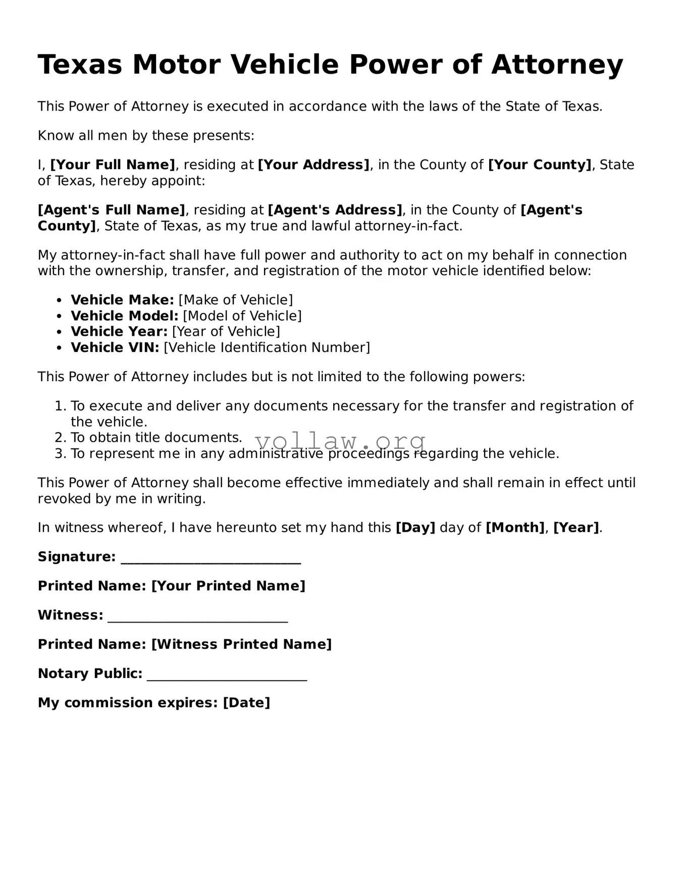 Attorney-Verified  Motor Vehicle Power of Attorney Form for Texas