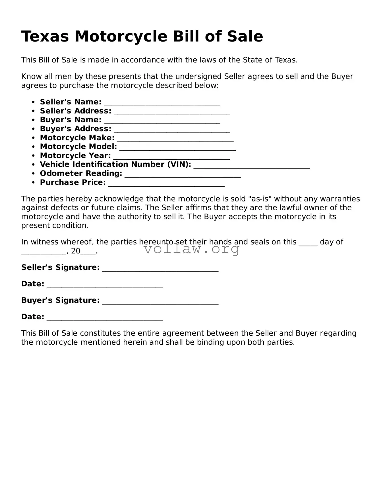 Attorney-Verified  Motorcycle Bill of Sale Form for Texas
