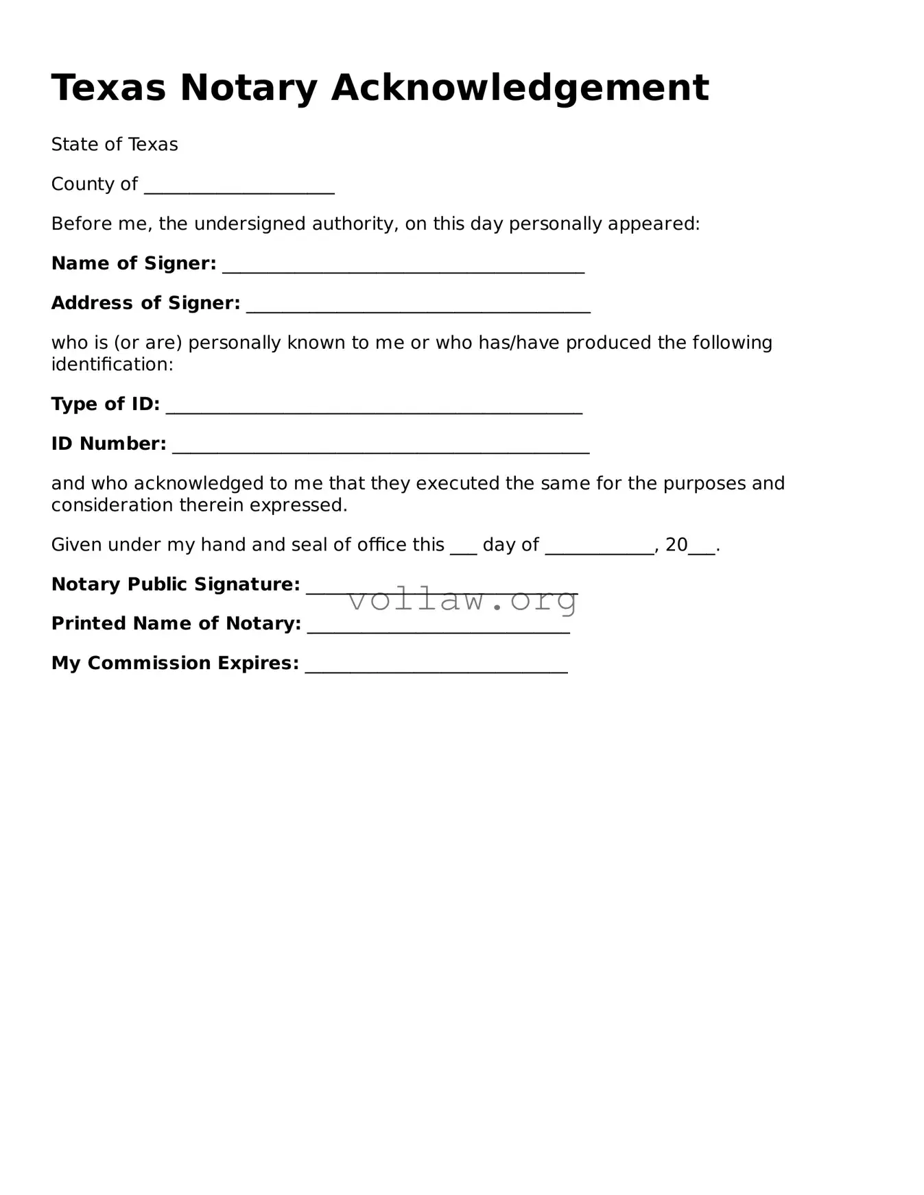 Attorney-Verified  Notary Acknowledgement Form for Texas