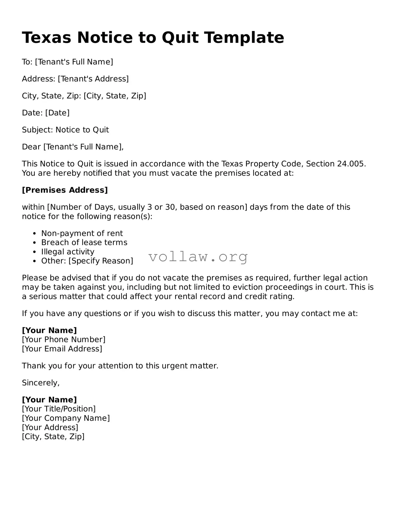 Attorney-Verified  Notice to Quit Form for Texas