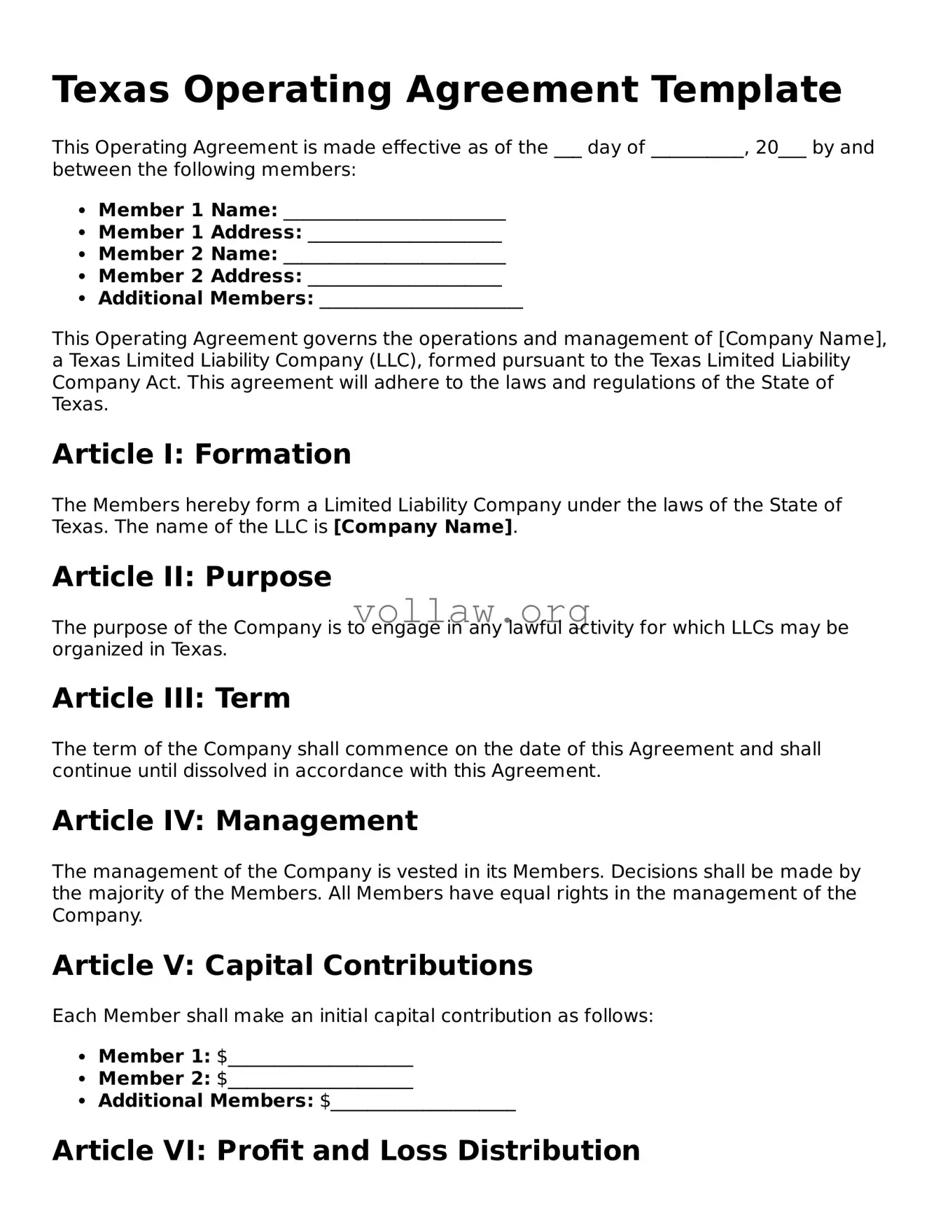 Attorney-Verified  Operating Agreement Form for Texas