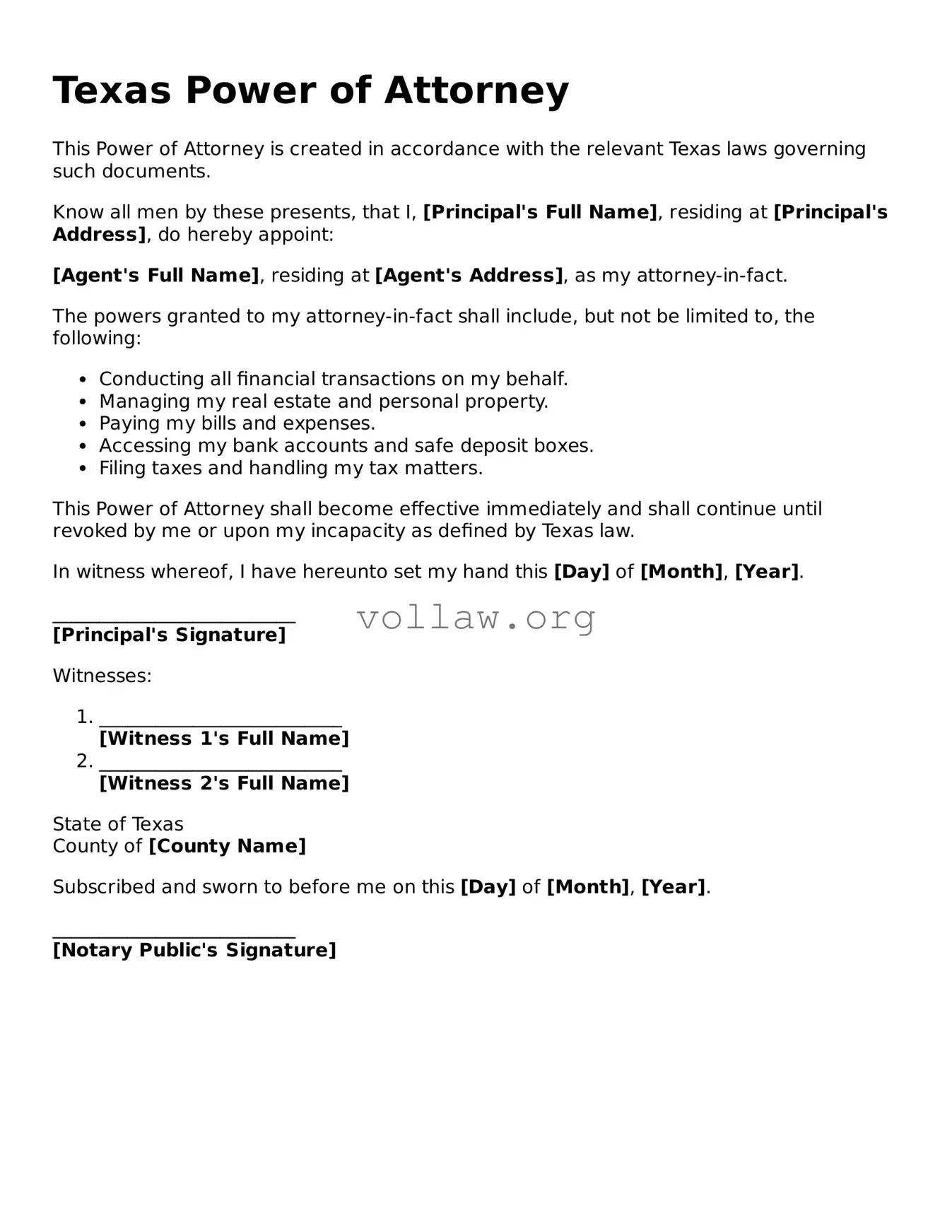 Attorney-Verified  Power of Attorney Form for Texas
