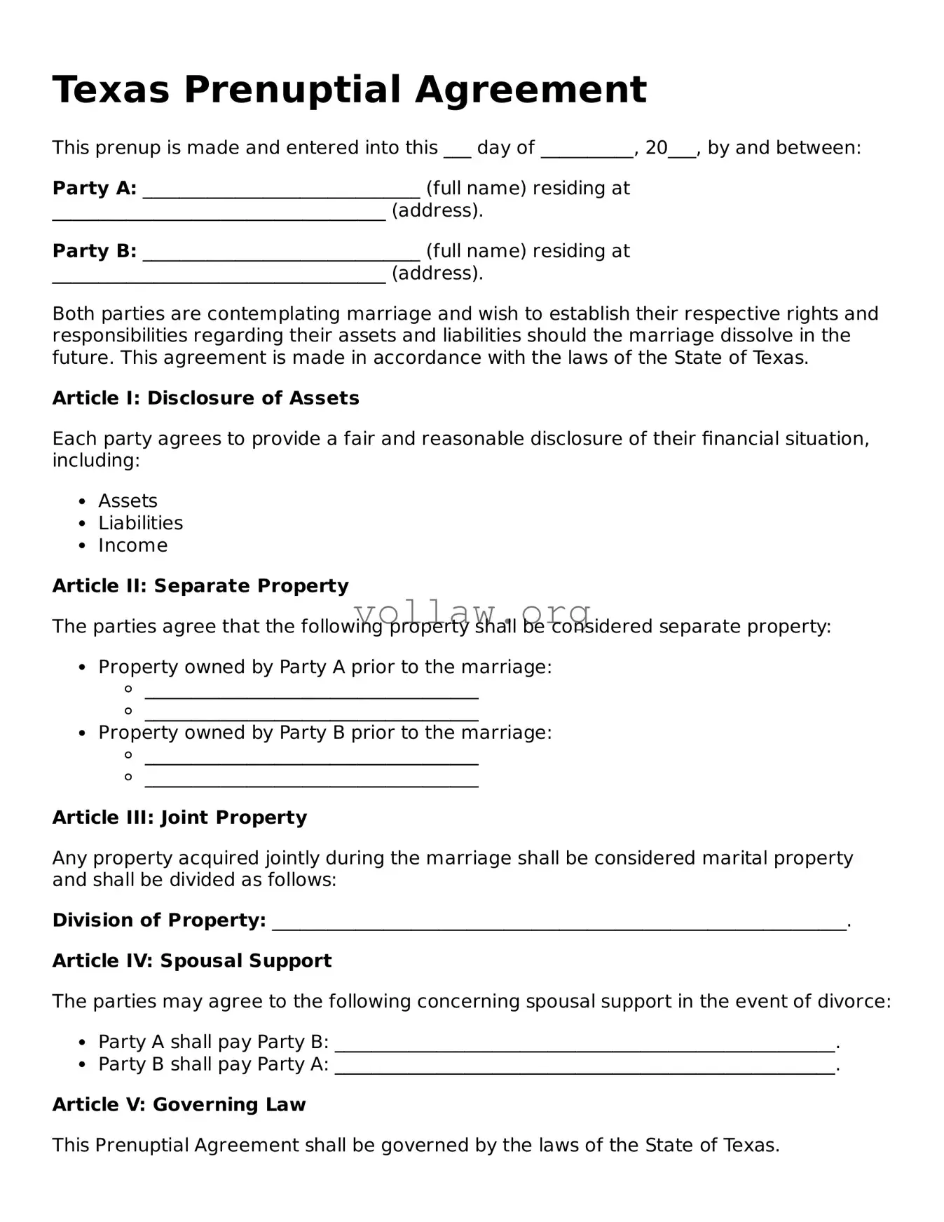 Attorney-Verified  Prenuptial Agreement Form for Texas