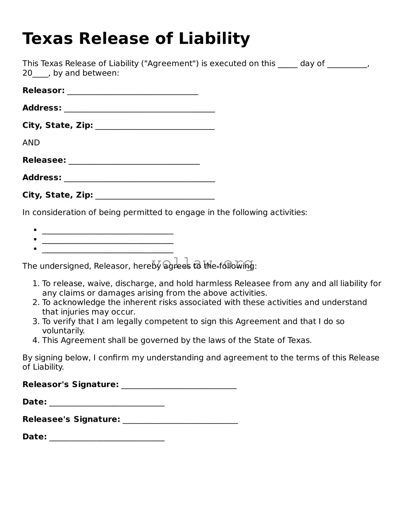 Attorney-Verified  Release of Liability Form for Texas