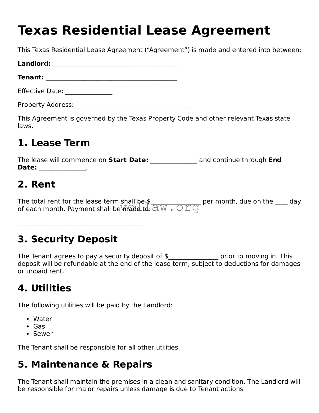 Attorney-Verified  Residential Lease Agreement Form for Texas