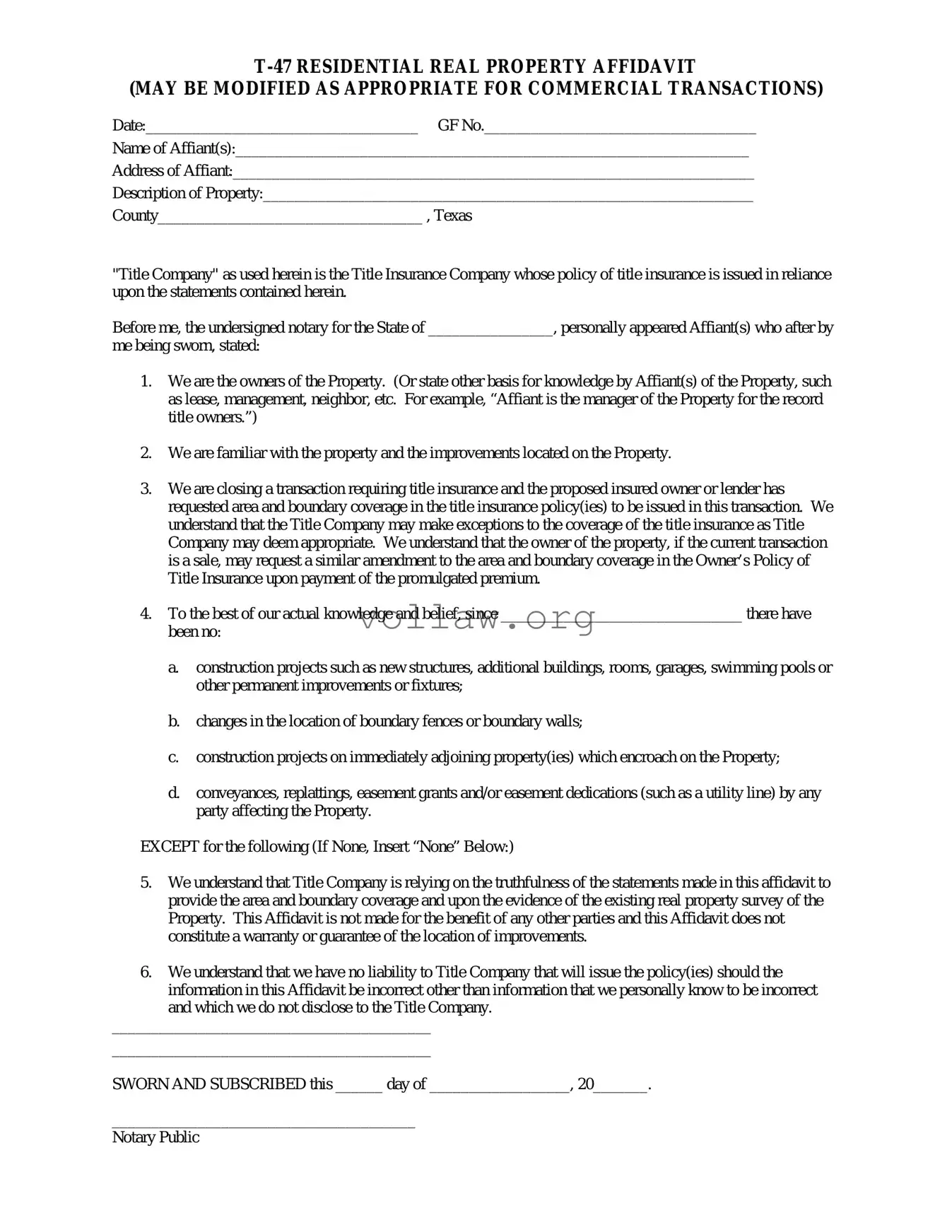 Texas residential property affidavit T-47 Template