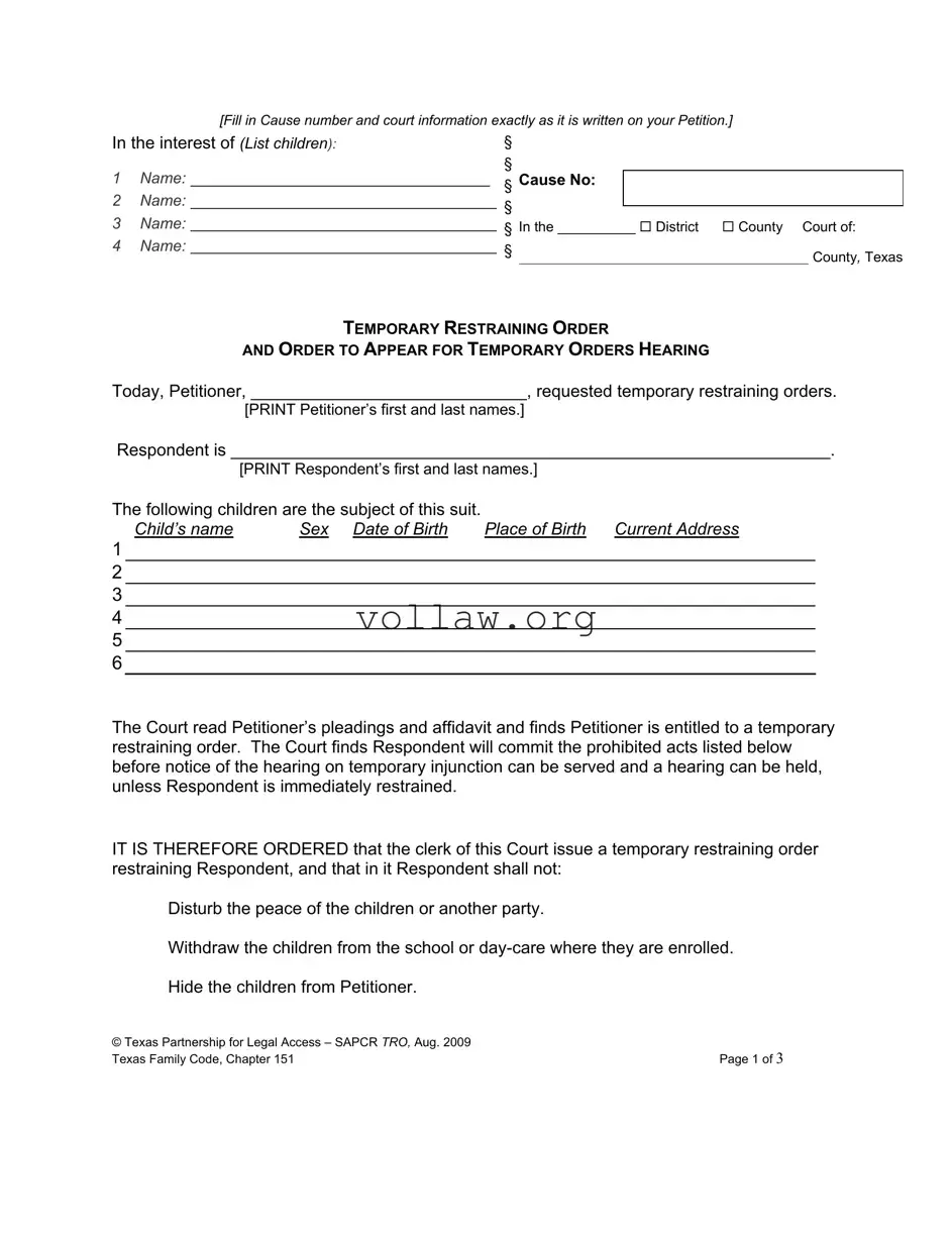 Texas Temporary Restraining Order Template