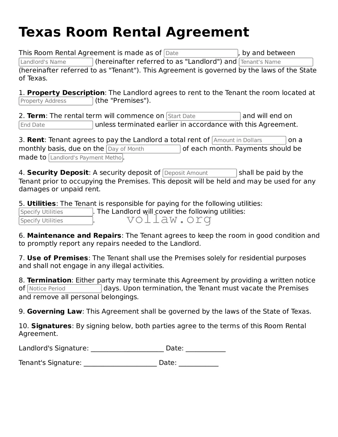 Attorney-Verified  Room Rental Agreement Form for Texas