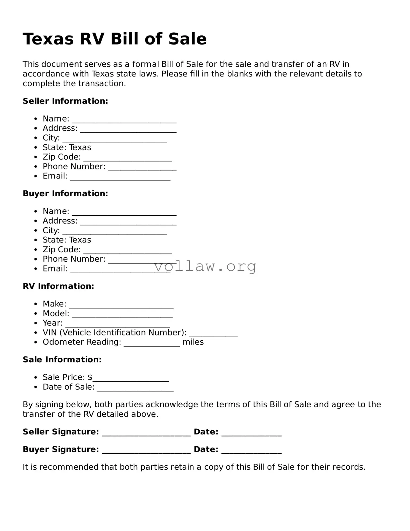 Attorney-Verified  RV Bill of Sale Form for Texas