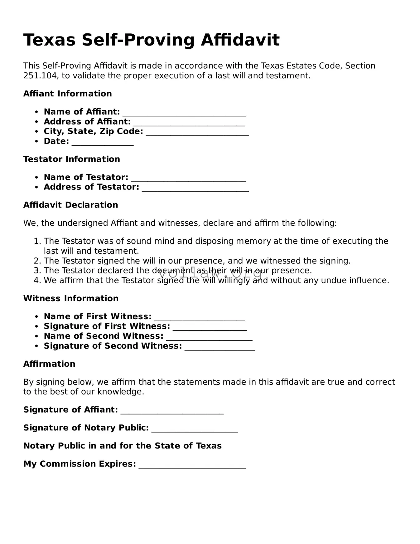 Attorney-Verified  Self-Proving Affidavit Form for Texas