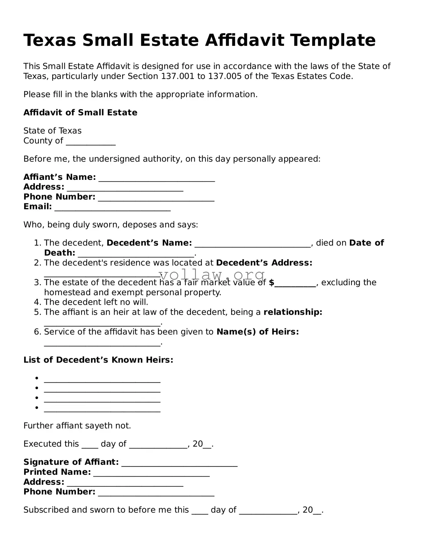 Attorney-Verified  Small Estate Affidavit Form for Texas
