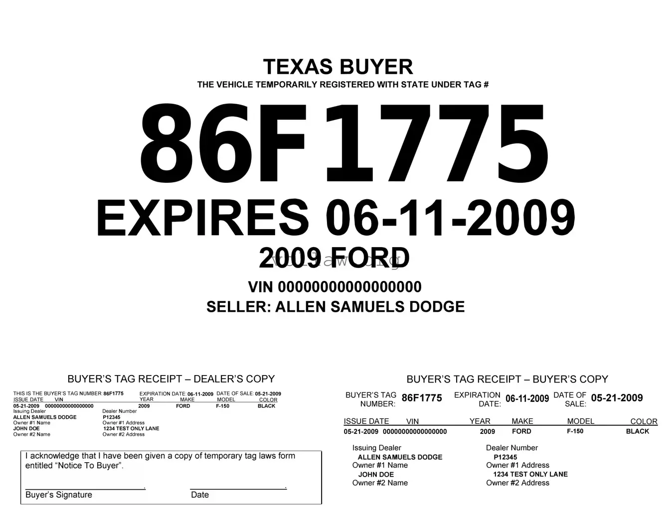 Texas Temporary Tag Template