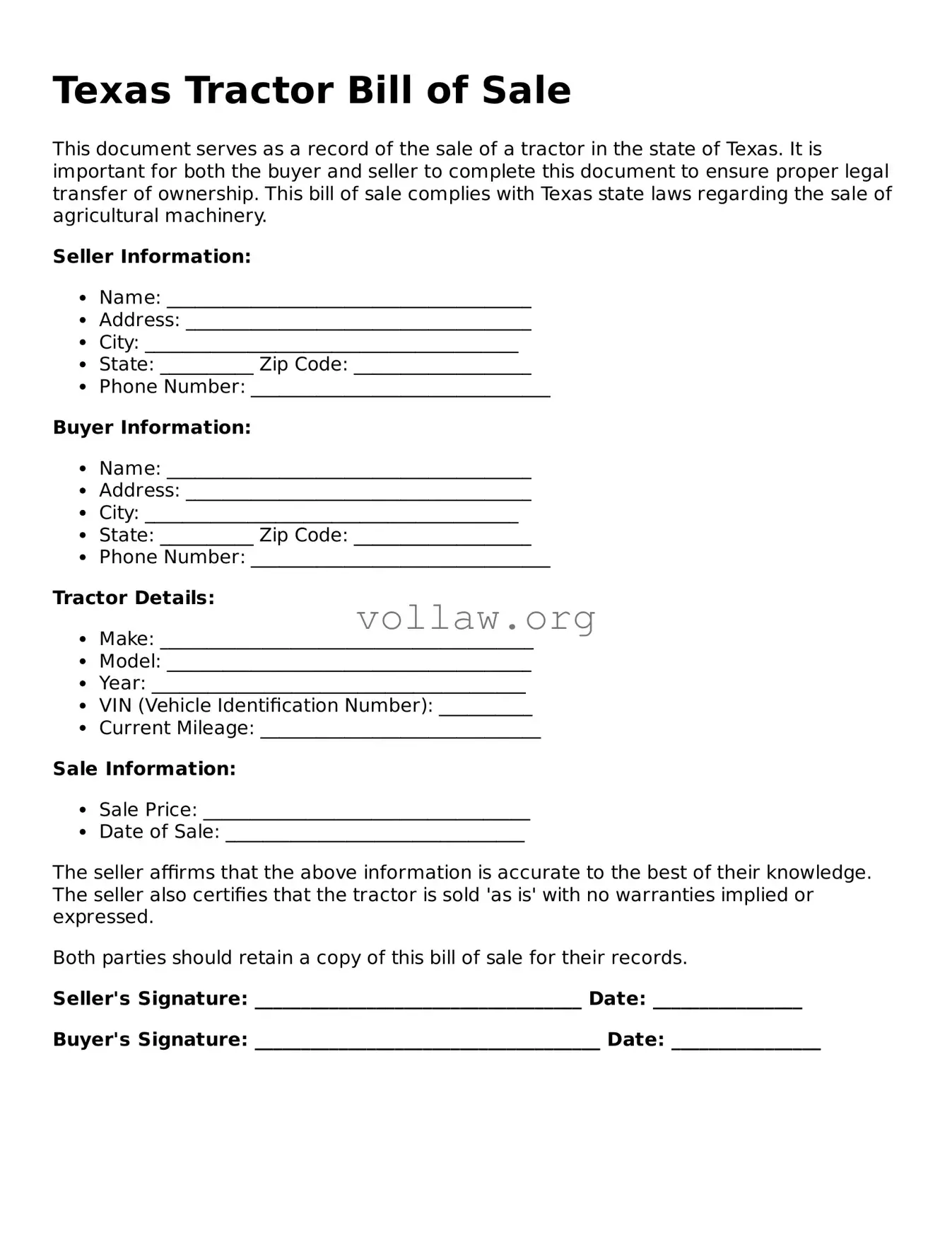 Attorney-Verified  Tractor Bill of Sale Form for Texas