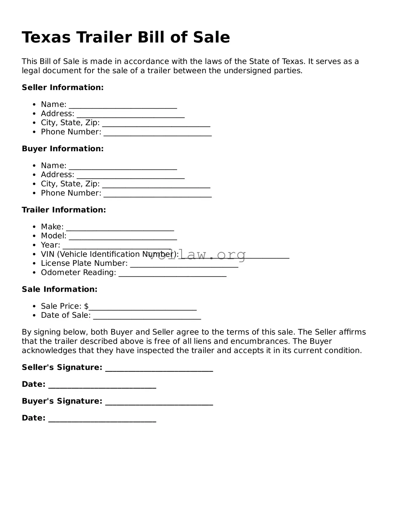 Attorney-Verified  Trailer Bill of Sale Form for Texas