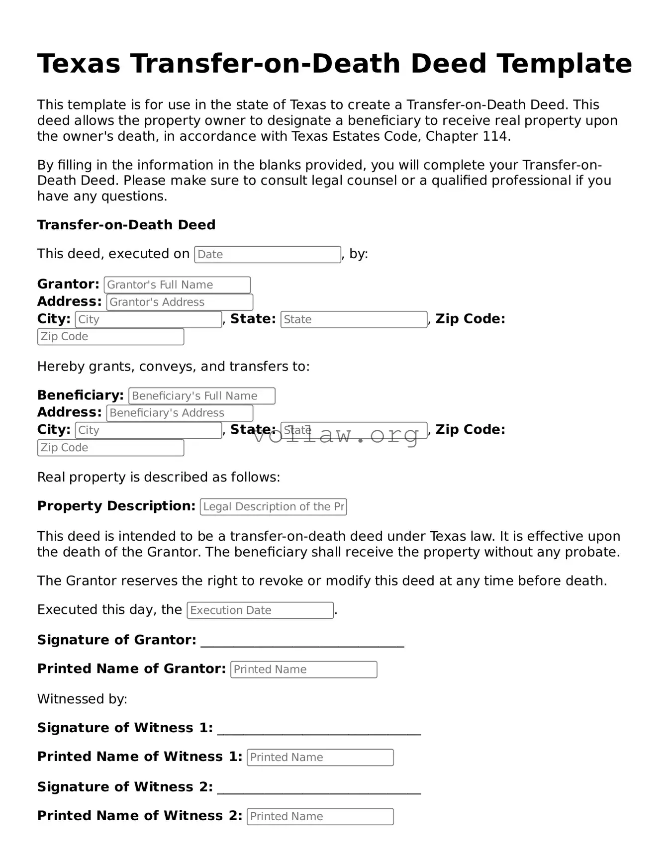 Attorney-Verified  Transfer-on-Death Deed Form for Texas