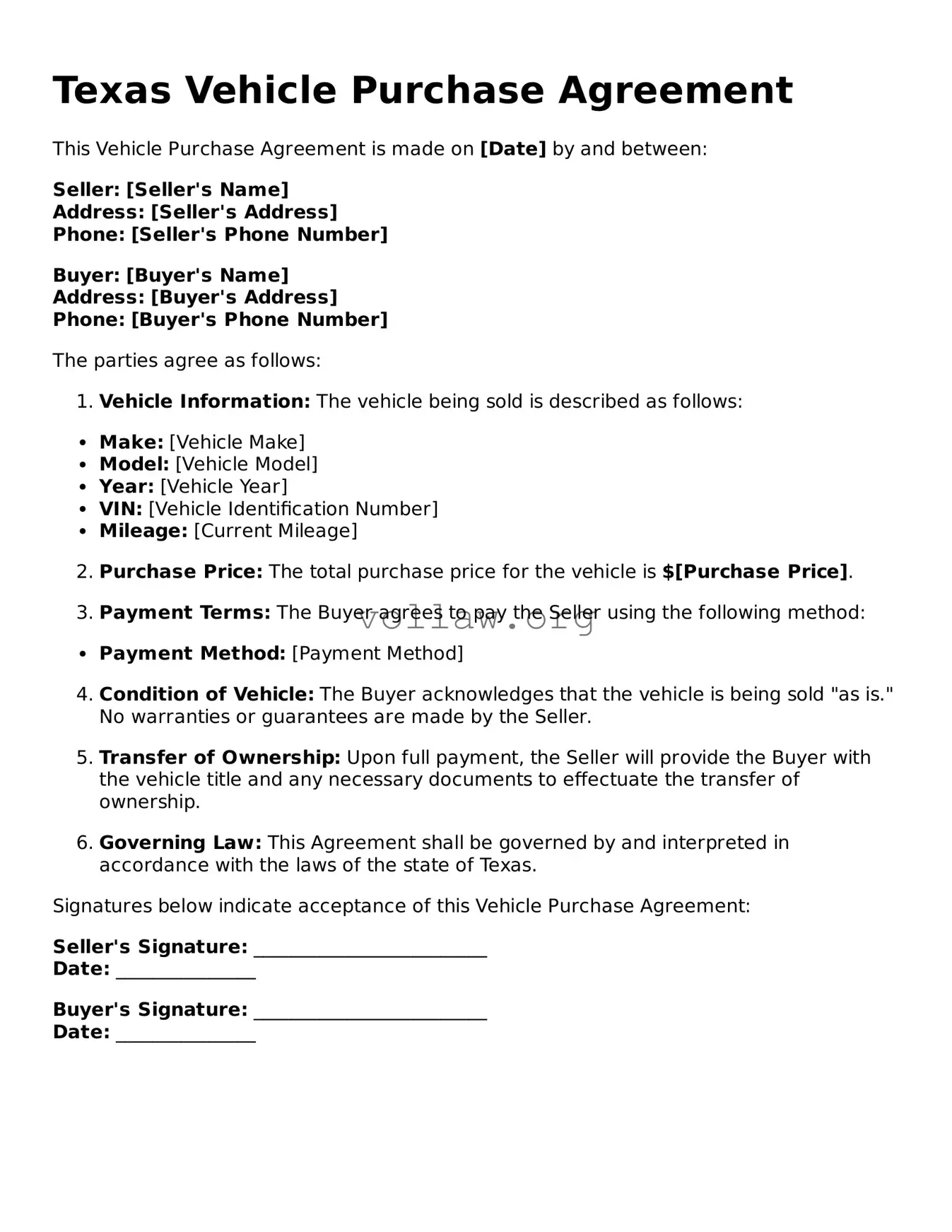 Attorney-Verified  Vehicle Purchase Agreement Form for Texas