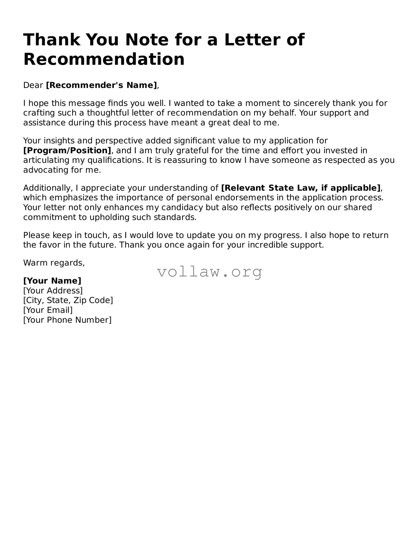 Free Thank You Note for a Letter of Recommendation Form