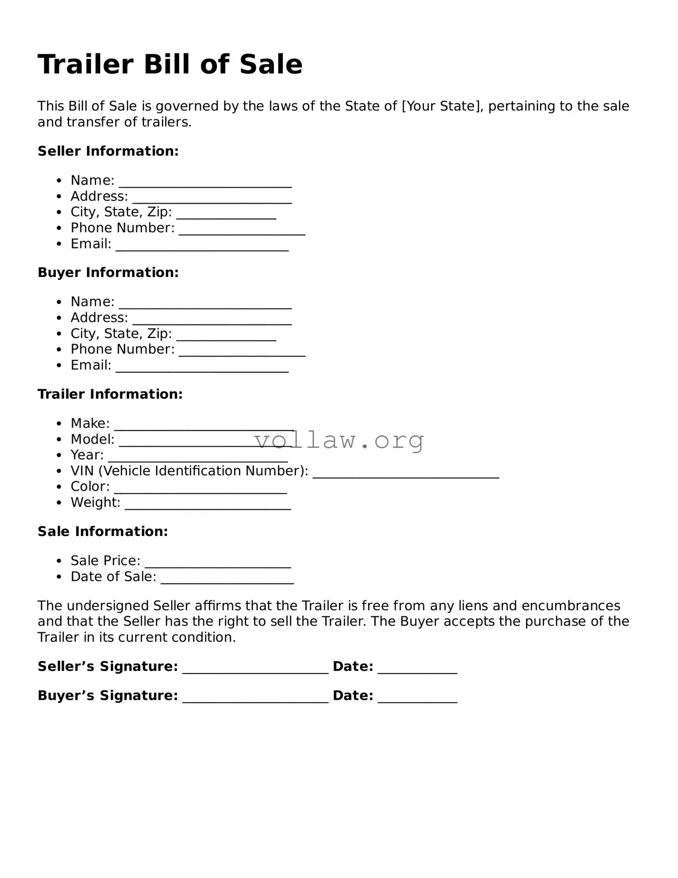 Free Trailer Bill of Sale Form