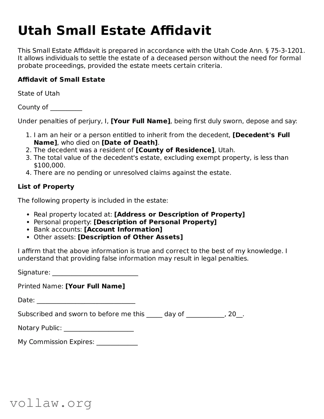 Attorney-Verified  Small Estate Affidavit Form for Utah