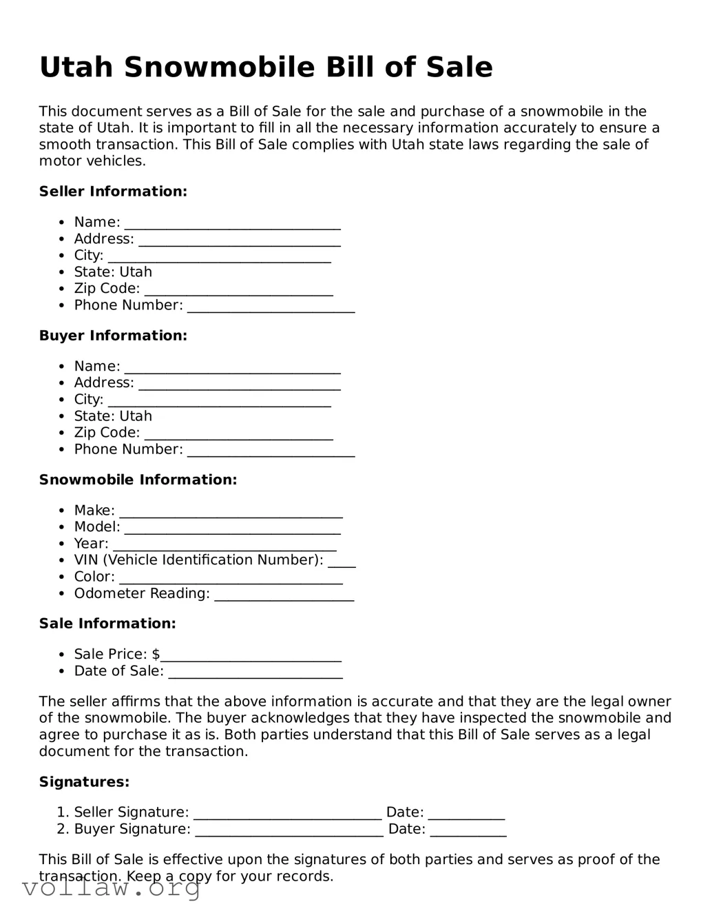 Attorney-Verified  Snowmobile Bill of Sale Form for Utah
