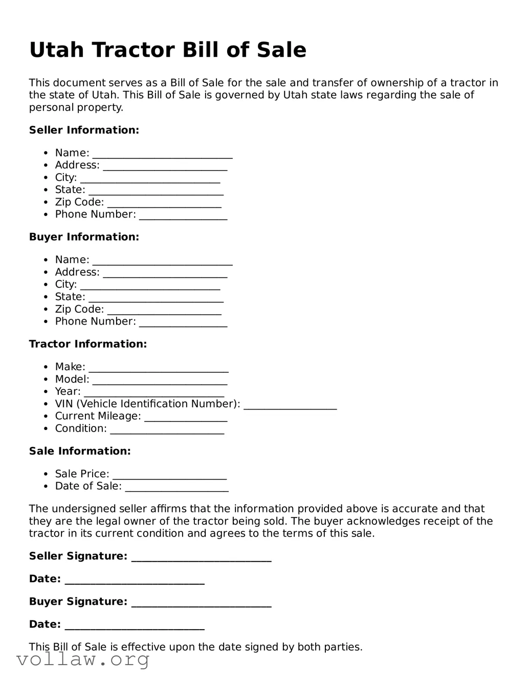 Attorney-Verified  Tractor Bill of Sale Form for Utah
