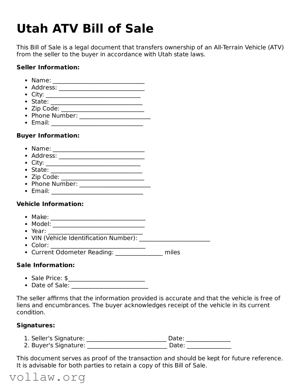 Attorney-Verified  ATV Bill of Sale Form for Utah