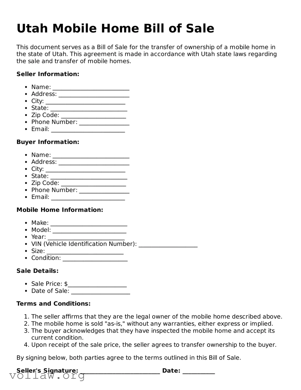 Attorney-Verified  Mobile Home Bill of Sale Form for Utah