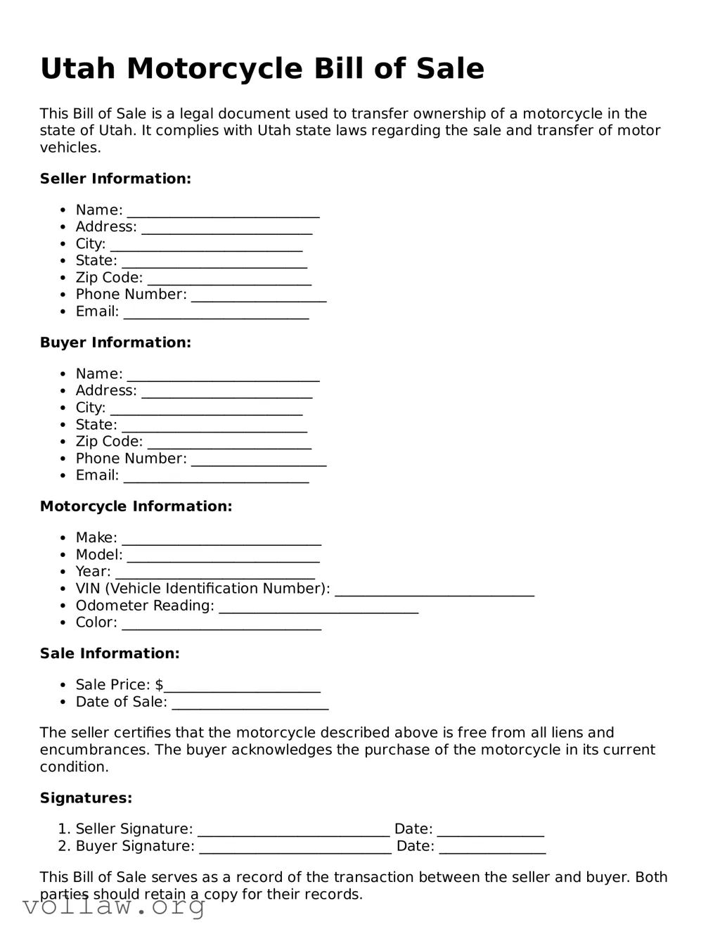 Attorney-Verified  Motorcycle Bill of Sale Form for Utah
