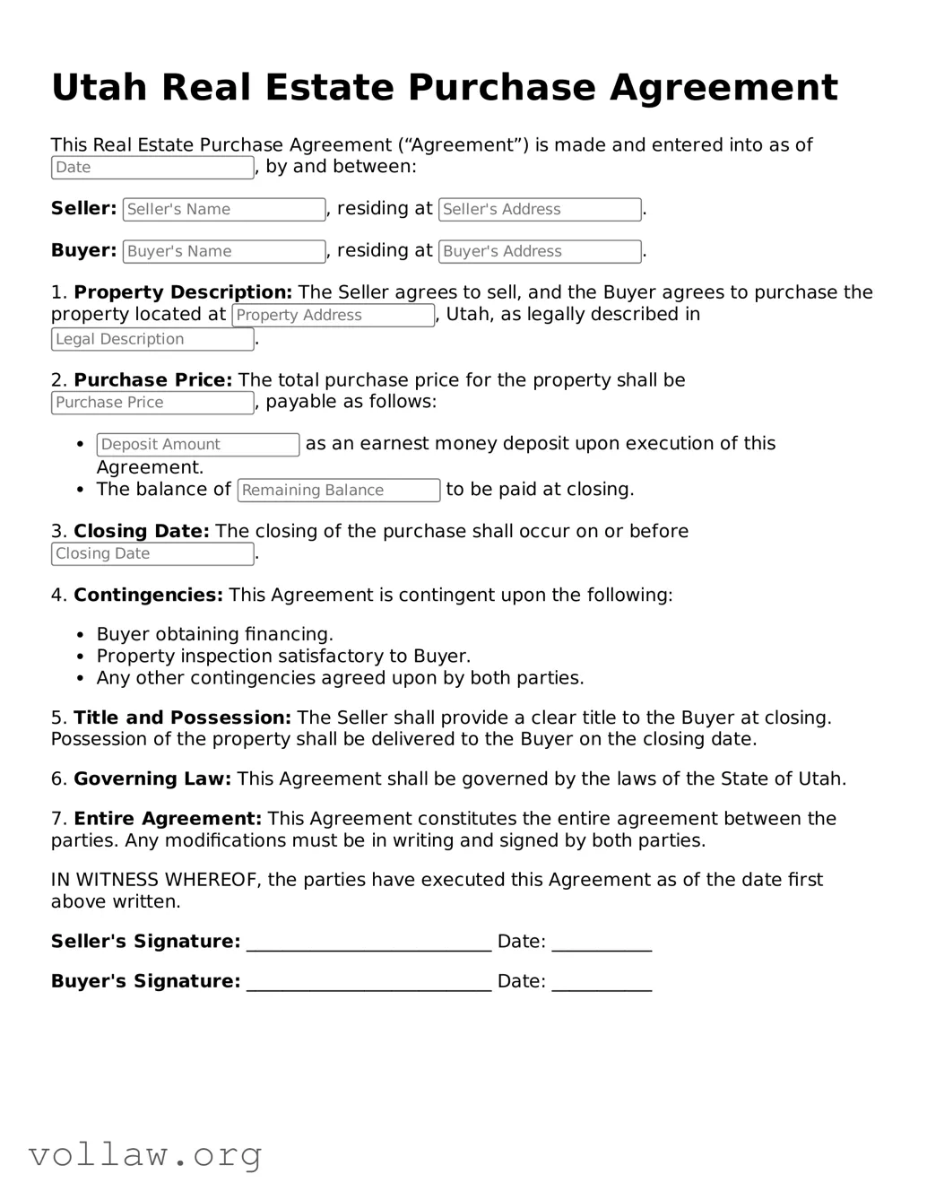 Attorney-Verified  Real Estate Purchase Agreement Form for Utah