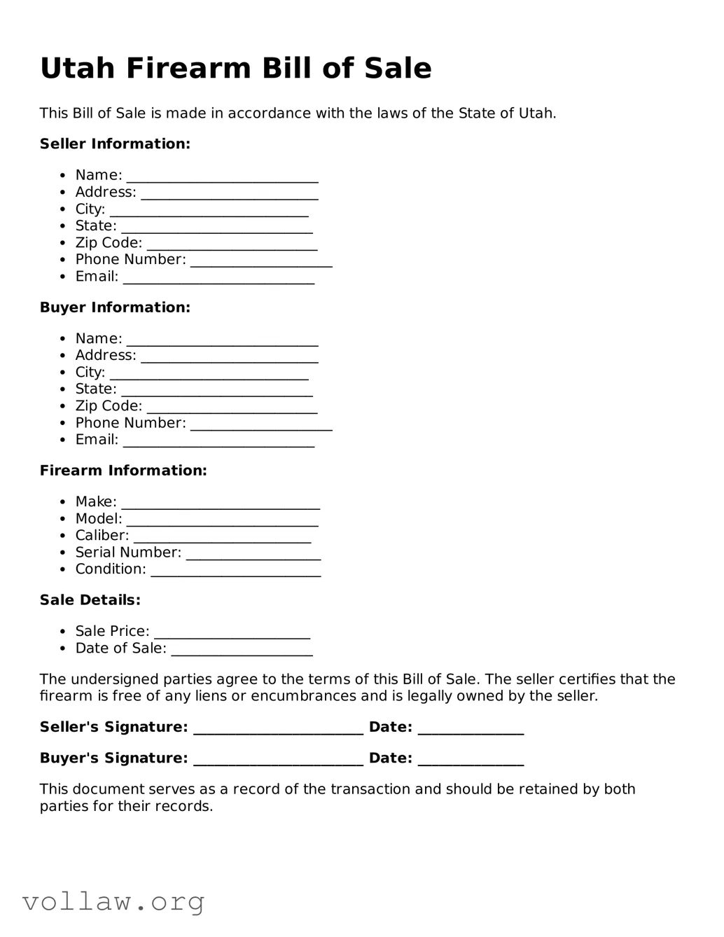 Attorney-Verified  Firearm Bill of Sale Form for Utah