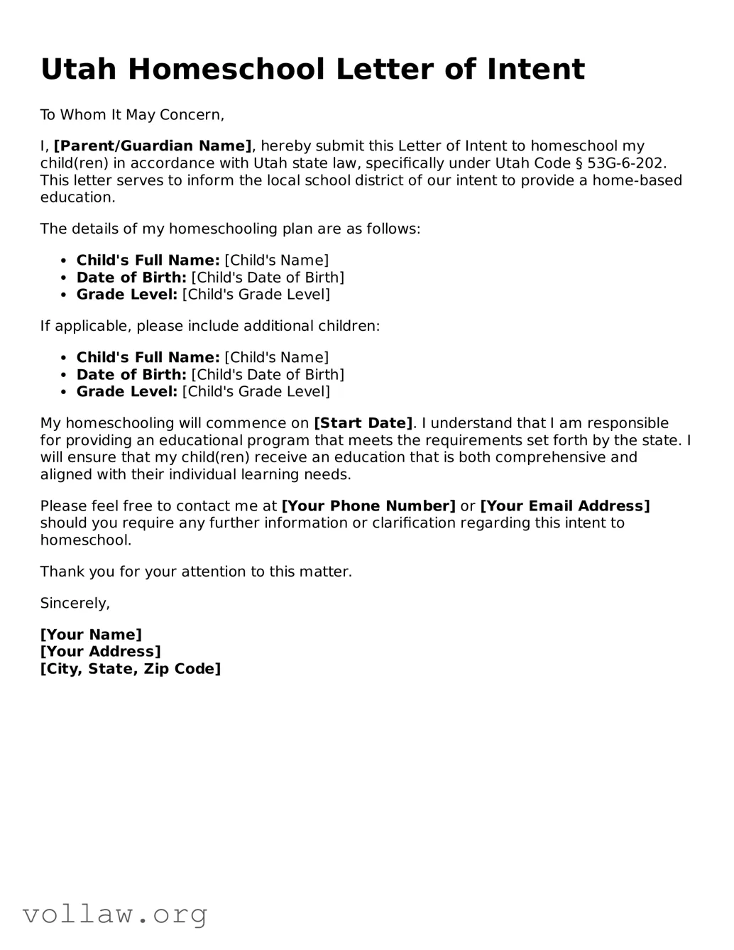 Attorney-Verified  Homeschool Letter of Intent Form for Utah