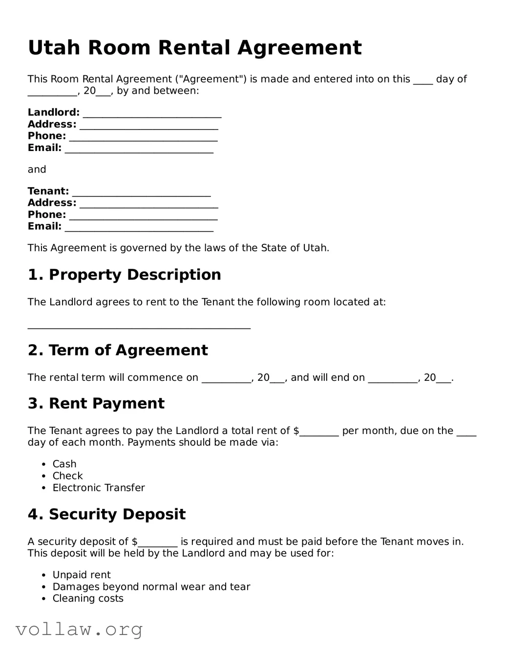 Attorney-Verified  Room Rental Agreement Form for Utah