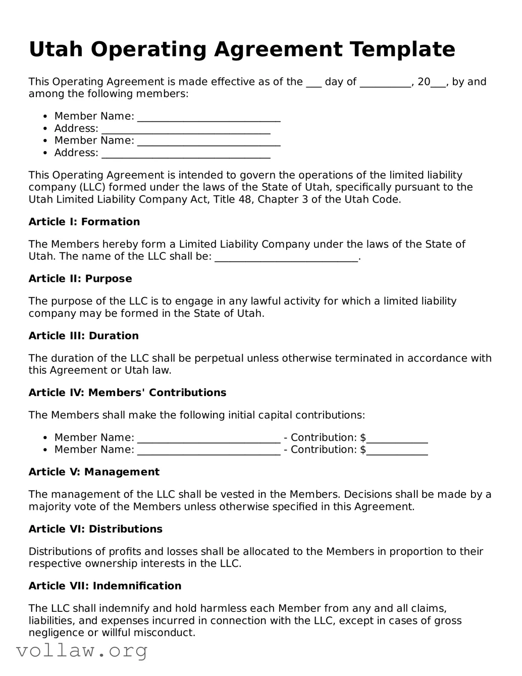 Attorney-Verified  Operating Agreement Form for Utah