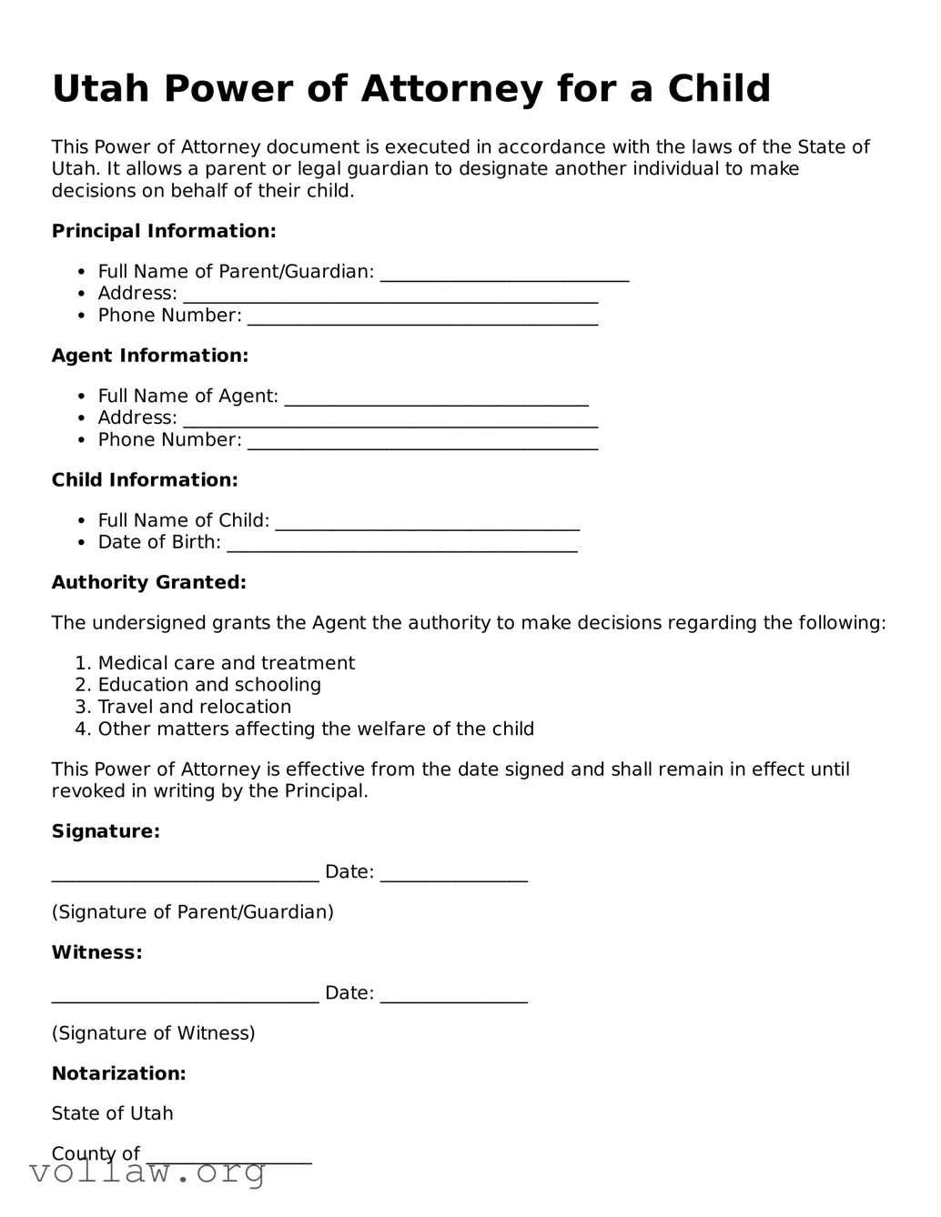 Attorney-Verified  Power of Attorney for a Child Form for Utah