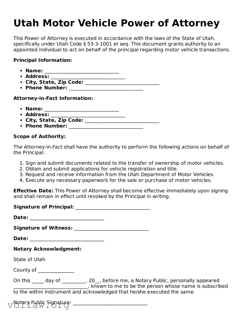Attorney-Verified  Motor Vehicle Power of Attorney Form for Utah