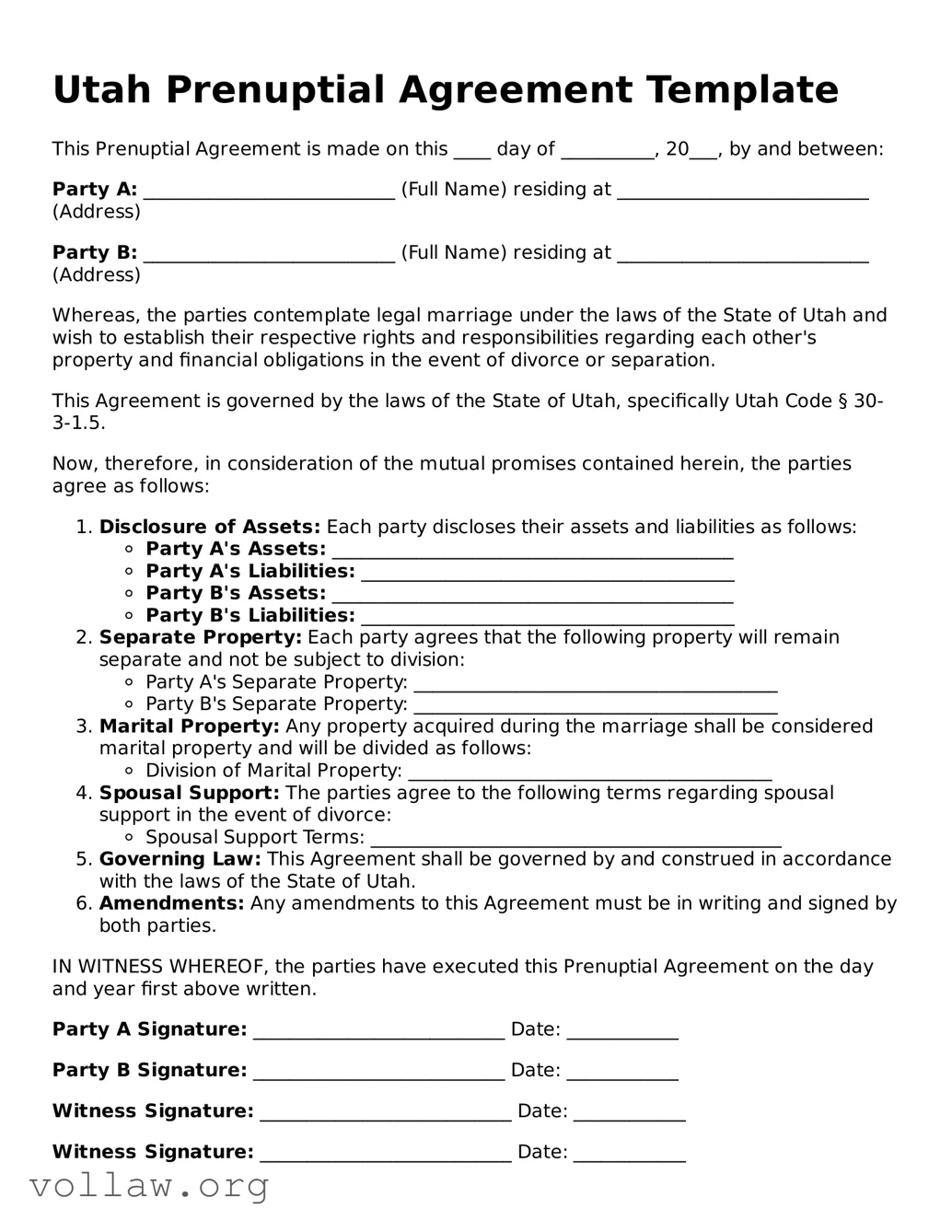 Attorney-Verified  Prenuptial Agreement Form for Utah