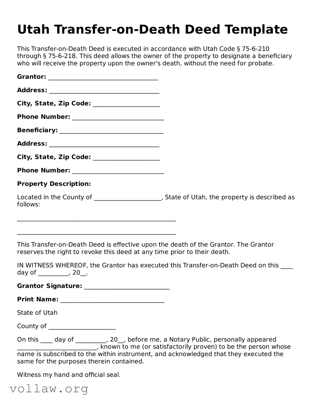 Attorney-Verified  Transfer-on-Death Deed Form for Utah