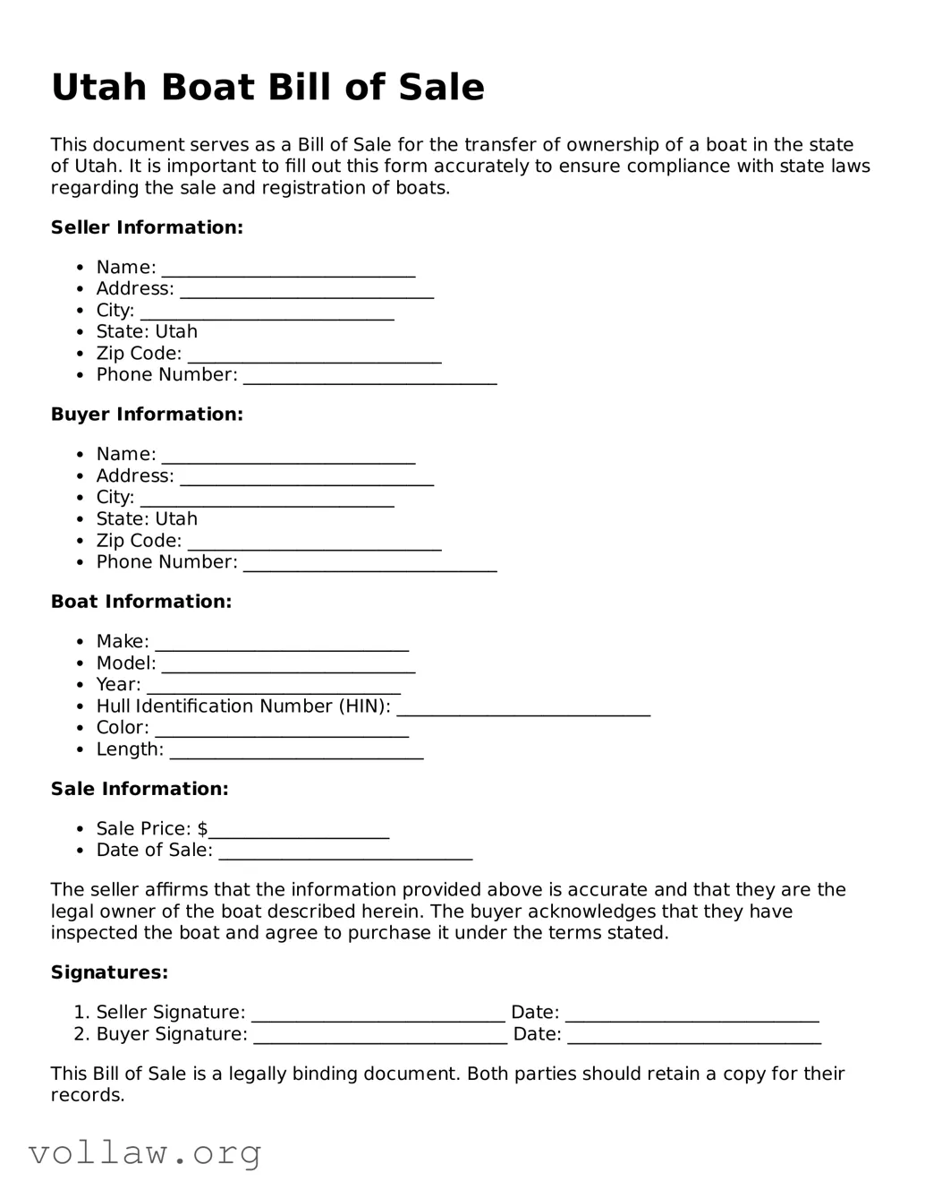 Attorney-Verified  Boat Bill of Sale Form for Utah