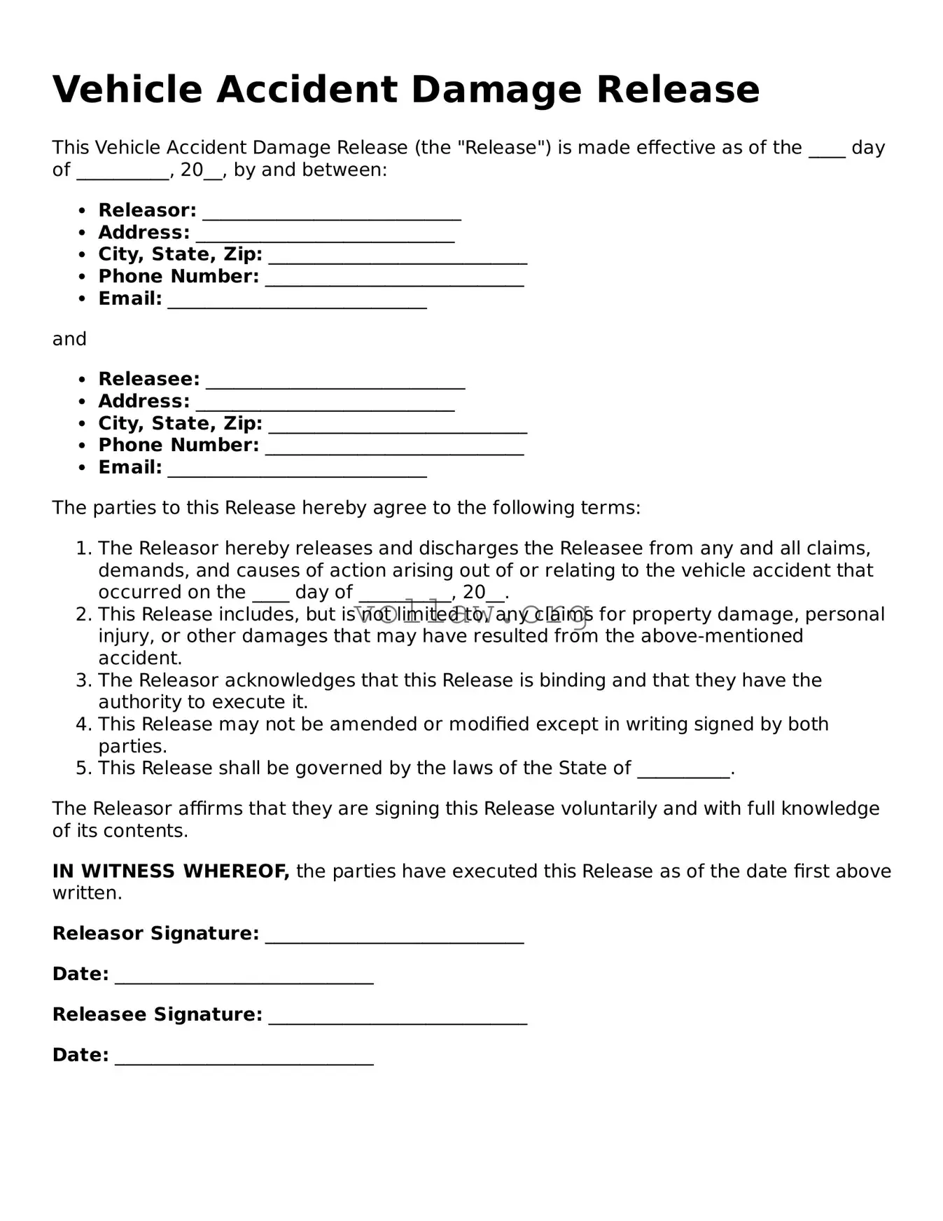 Free Vehicle Accident Damage Release Form