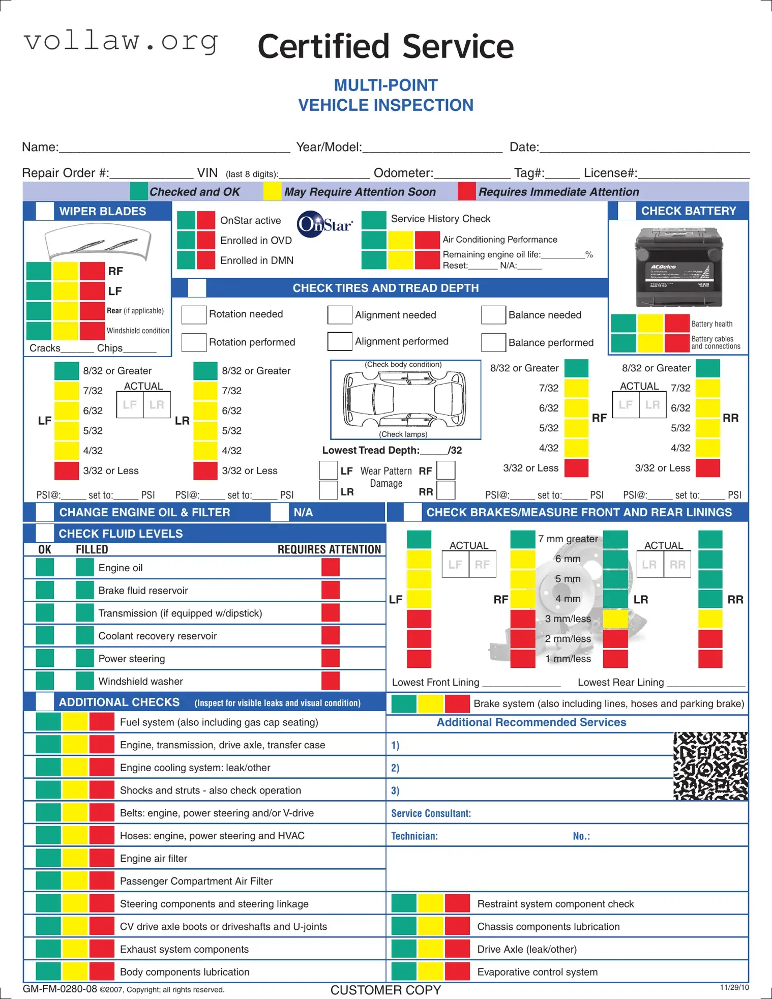 Automobile Service Checklist Template