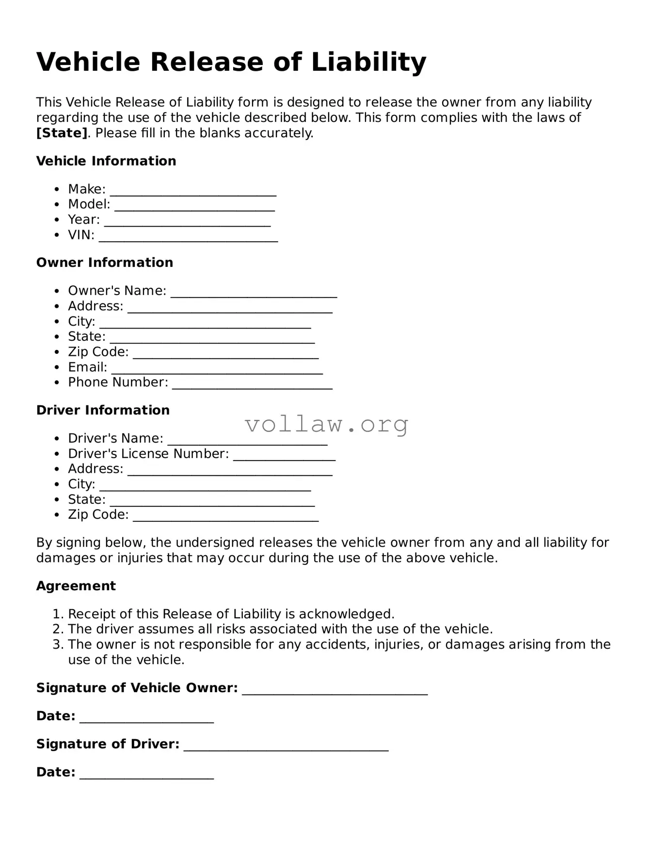 Free Vehicle Release of Liability Form