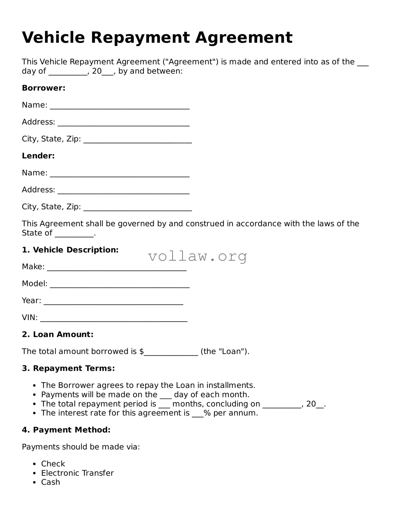 Free Vehicle Repayment Agreement Form