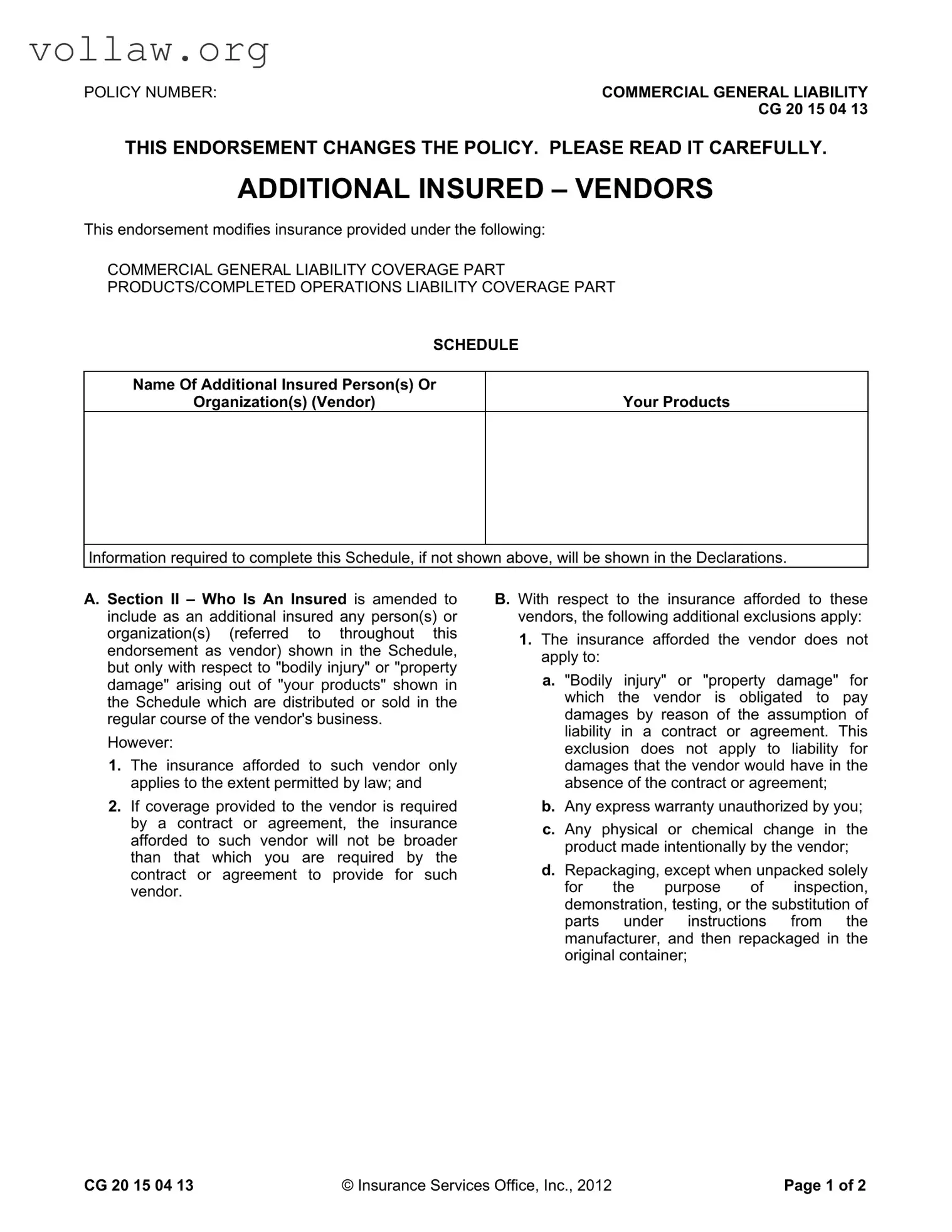 Additional Insured Vendors Template